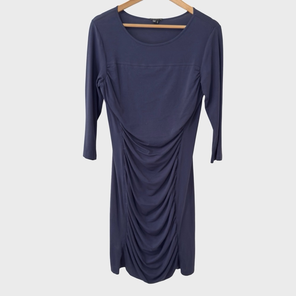 Theory Navy Scoop Neck 3/4 Sleeve Ruched Bodycon Knit Dress L